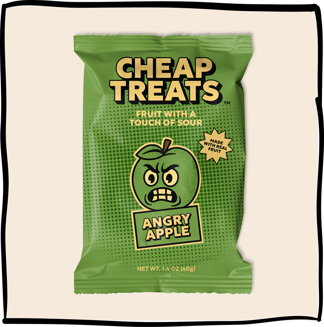 Green Angry Apple snack pouch with cartoon apple graphic, front label