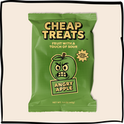 Green Angry Apple snack pouch with cartoon apple graphic, front label