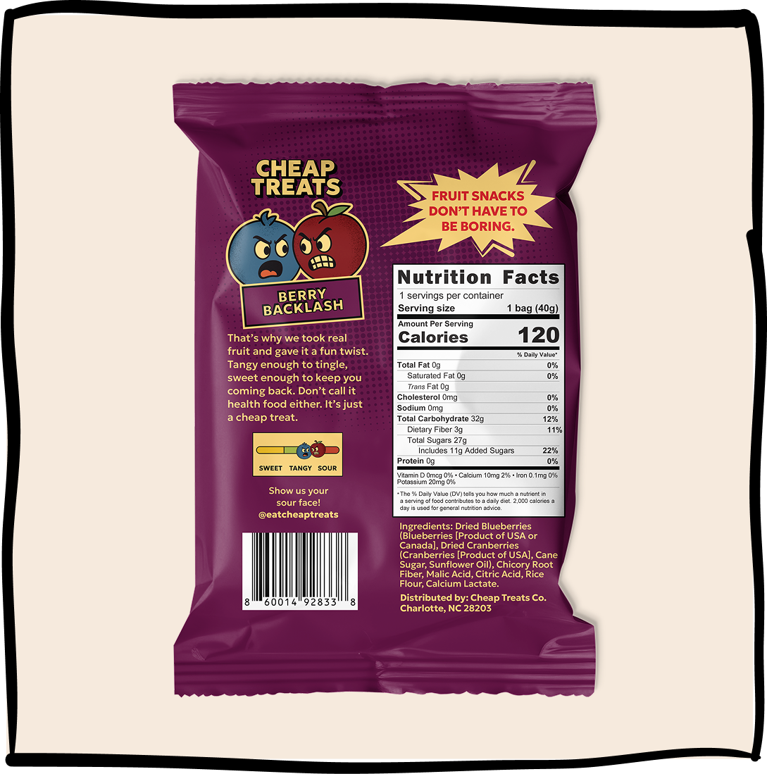 Dark purple Berry Backlash fruit snack pouch with nutrition label