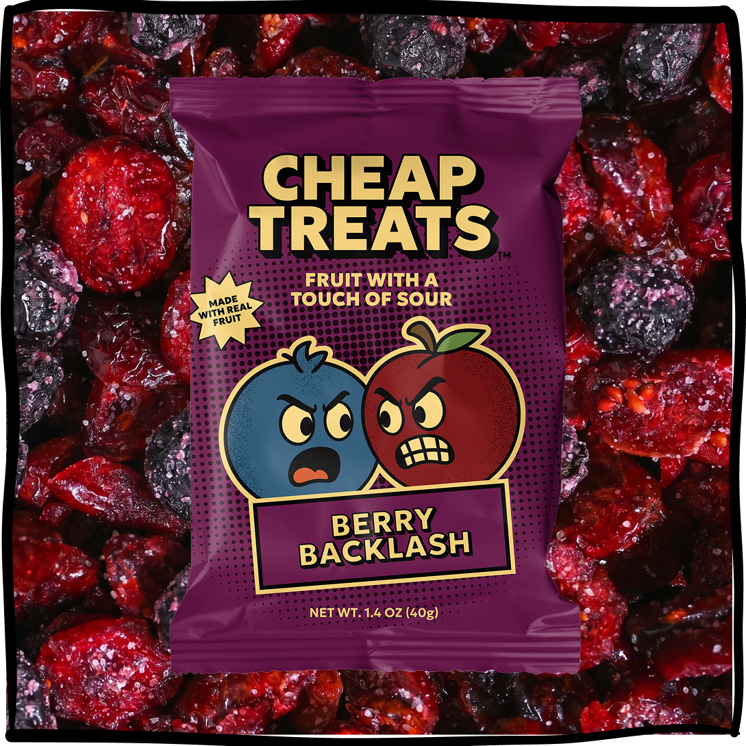 Berry Backlash fruit snack pouch centered on berry candy pieces
