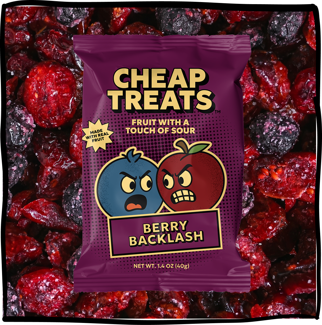 Berry Backlash fruit snack pouch centered on berry candy pieces