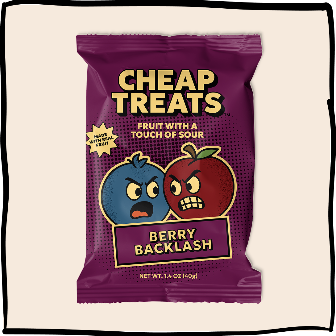 Berry Backlash fruit snack pouch with “Cheap Treats” front graphic