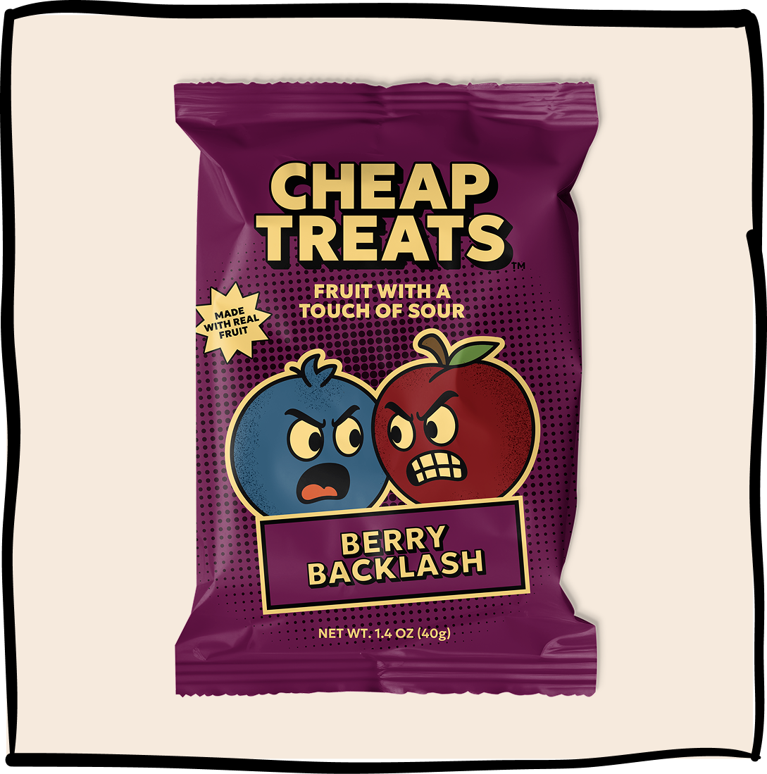 Berry Backlash fruit snack pouch with “Cheap Treats” front graphic
