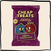 Berry Backlash fruit snack pouch with “Cheap Treats” front graphic