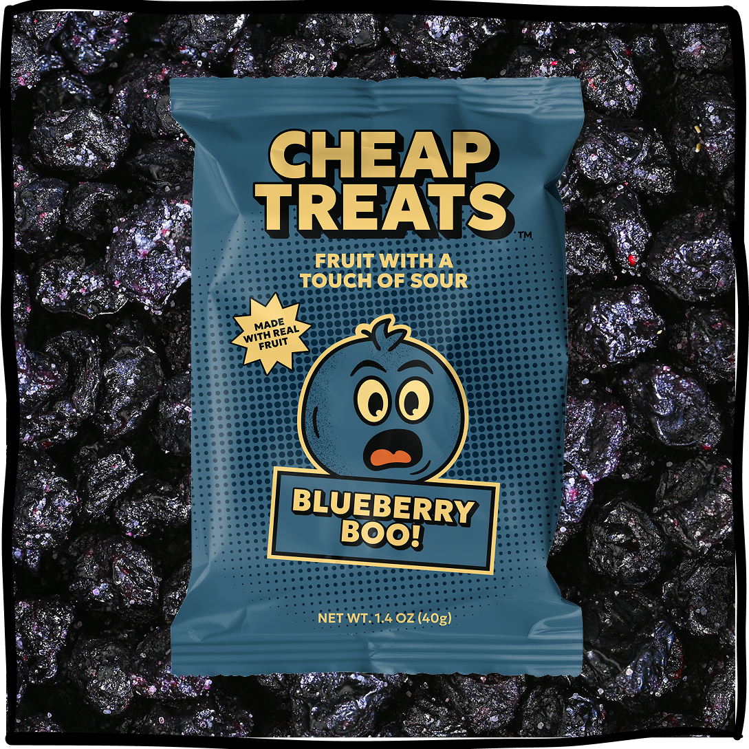 Blueberry Boo! blueberry sour candy pouch, front label with cartoon berry and banner