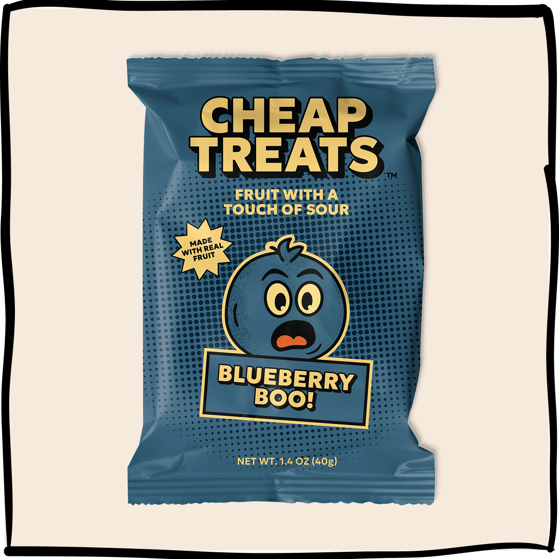 Blueberry Boo! blueberry sour candy pouch, blue bag with front label and cartoon berry