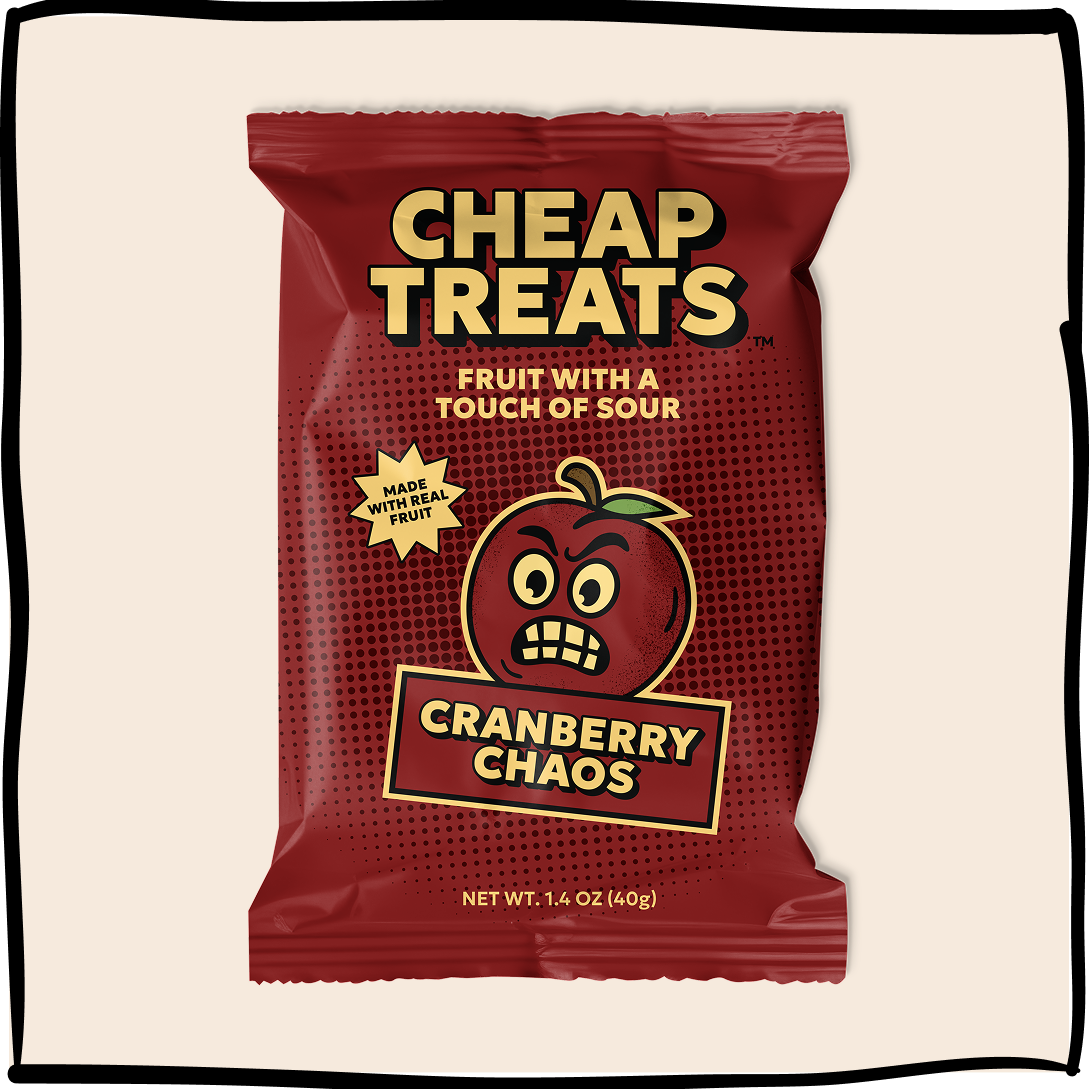 Cranberry Chaos fruit snack pouch, dark red with cartoon cranberry character front