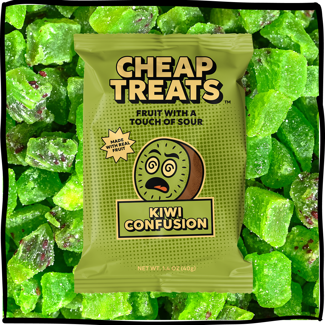 Green kiwi fruit snack pouch labeled “Cheap Treats” with kiwi icon and sour tagline