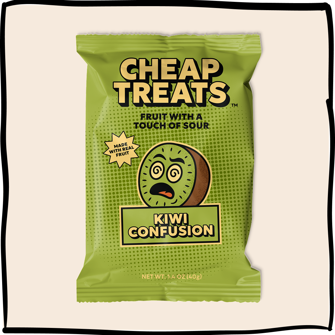Green kiwi fruit snack pouch with “Cheap Treats” and “Fruit with a touch of sour”
