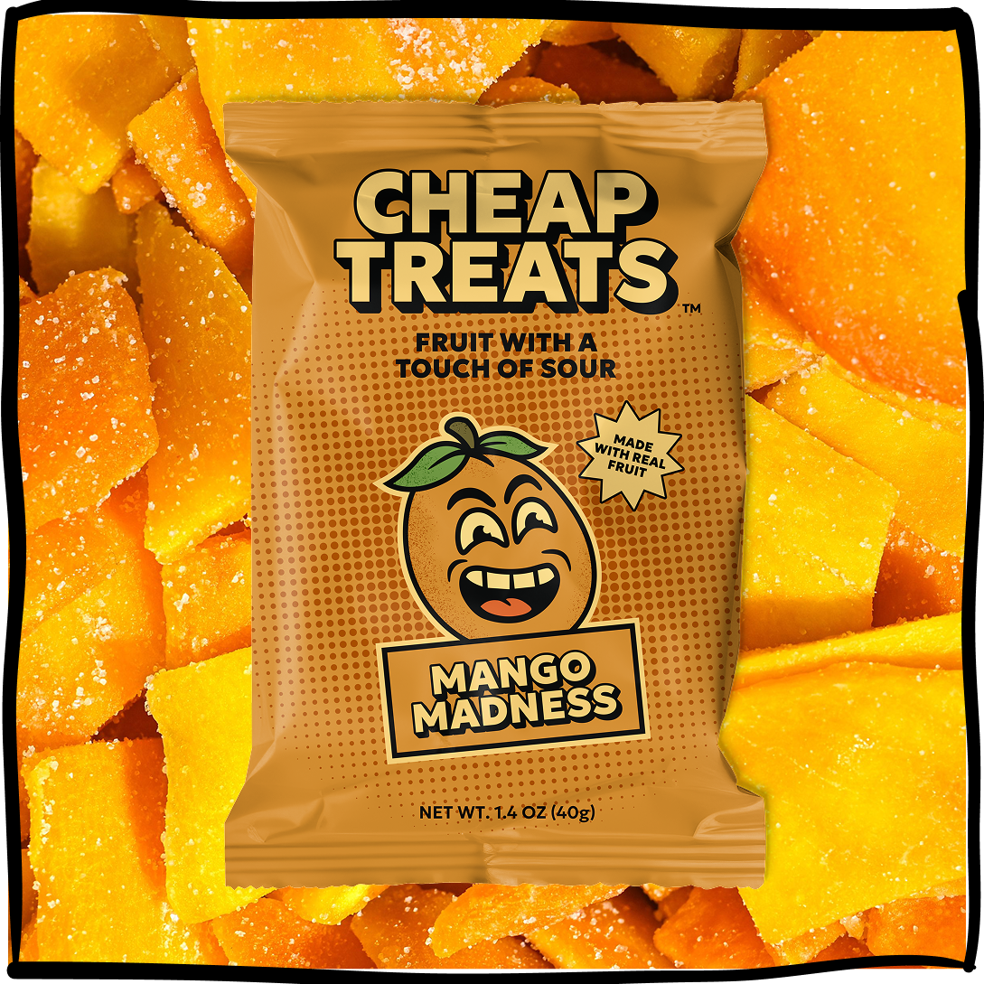 Mango Madness snack pouch in front of mango slices, gold package with mango label