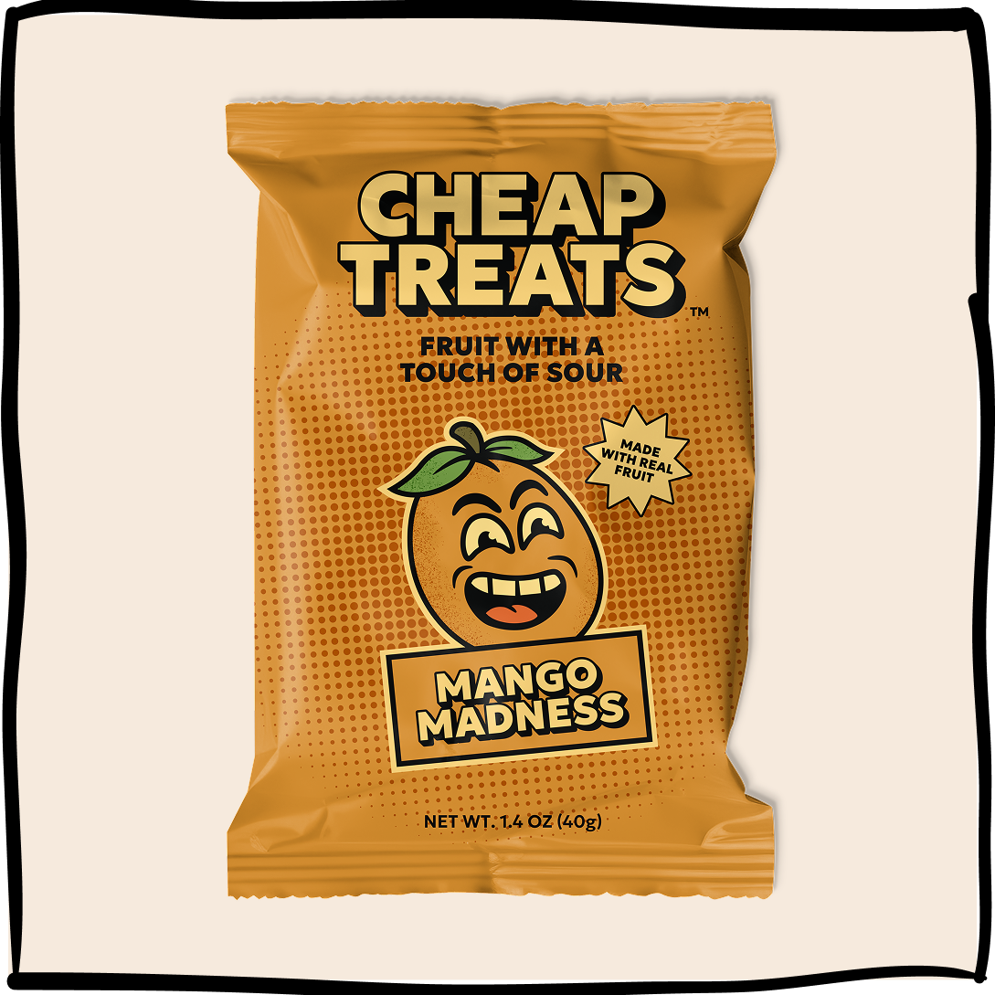 Mango Madness snack pouch, gold front with mango logo and Cheap Treats branding