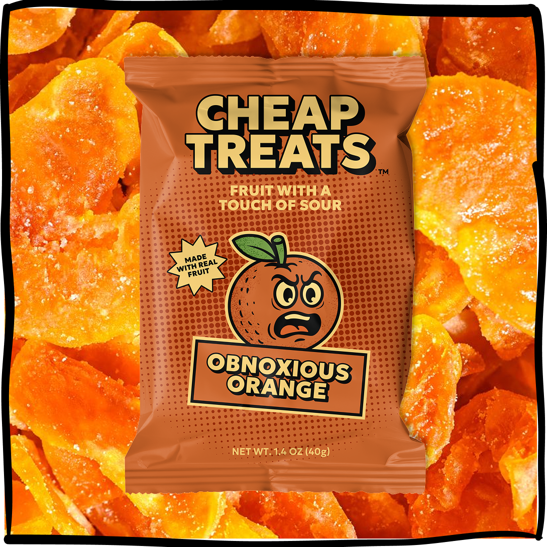 Obnoxious Orange snack bag surrounded by orange candy pieces