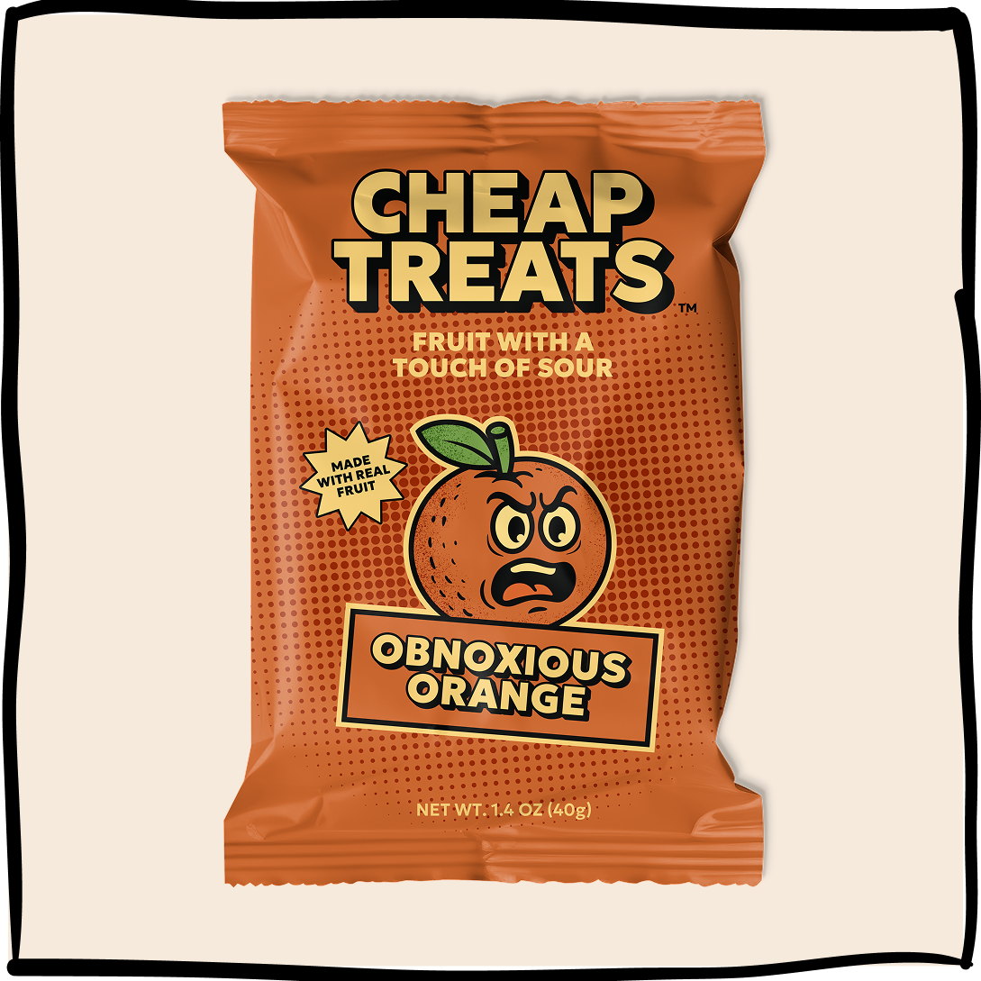 Obnoxious Orange snack bag, front view with Cheap Treats and fruit graphic