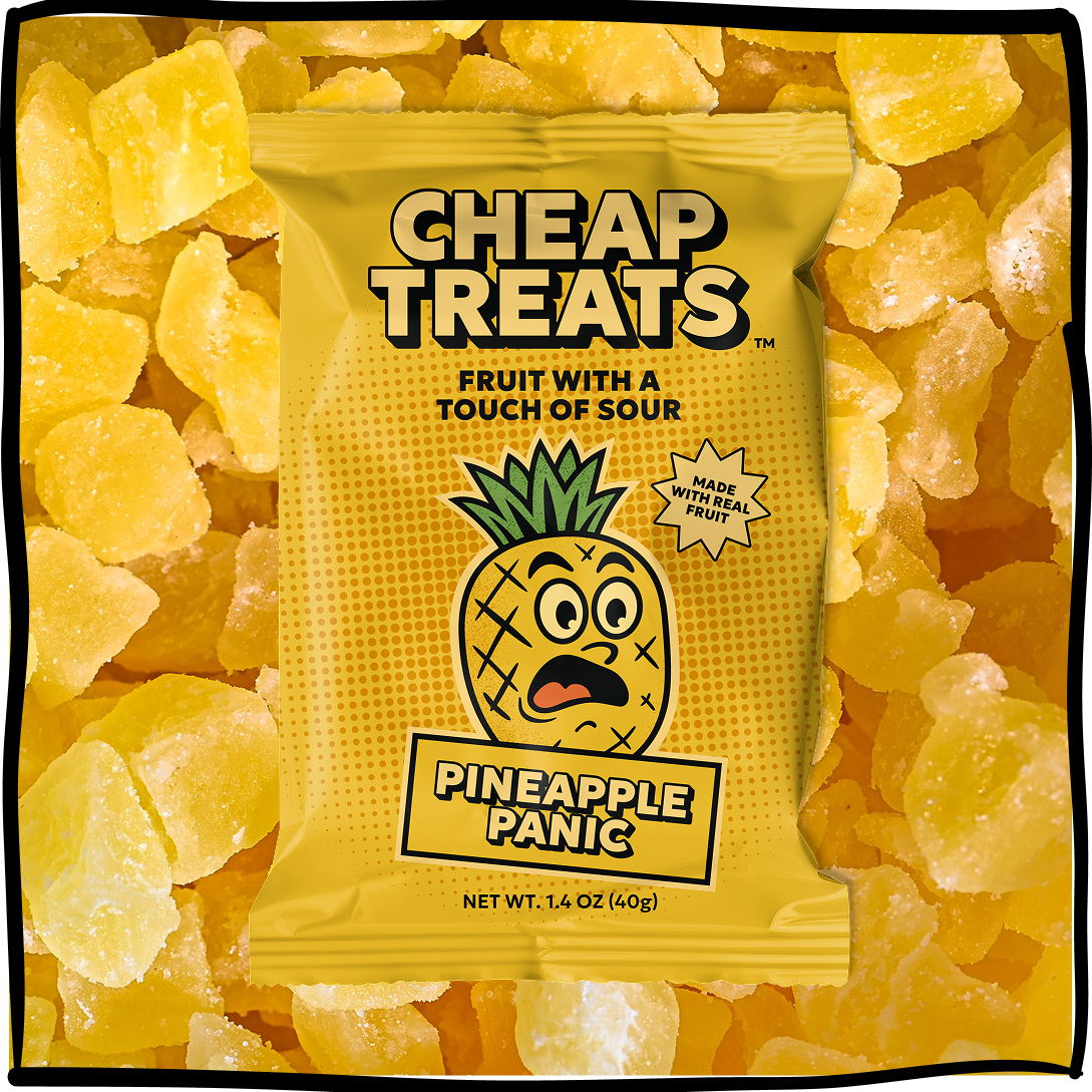 “Pineapple Panic” yellow snack pouch surrounded by pineapple candy pieces