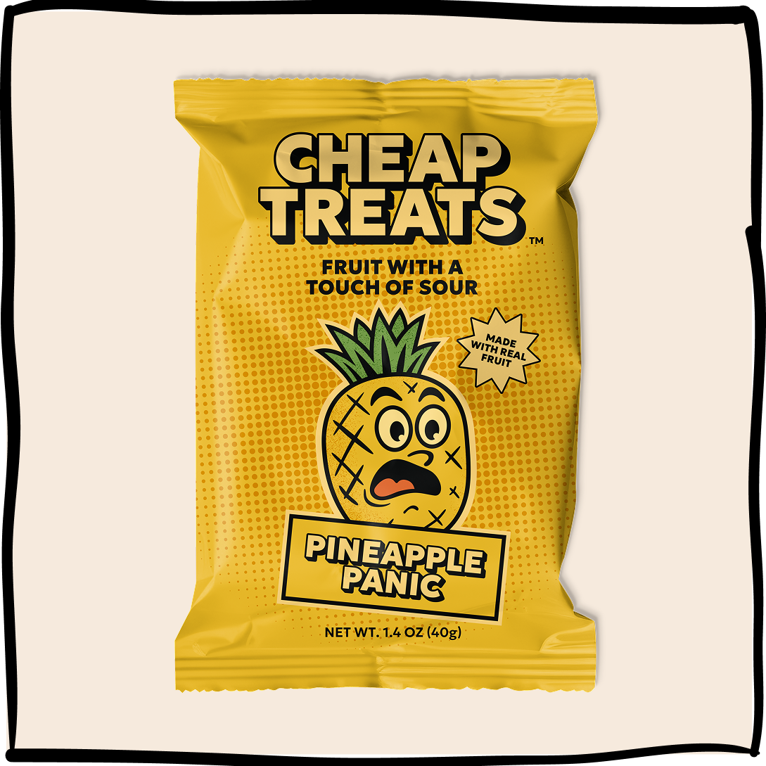 Yellow “Cheap Treats” pineapple fruit snack pouch, net wt 1.4 oz (4.0g)