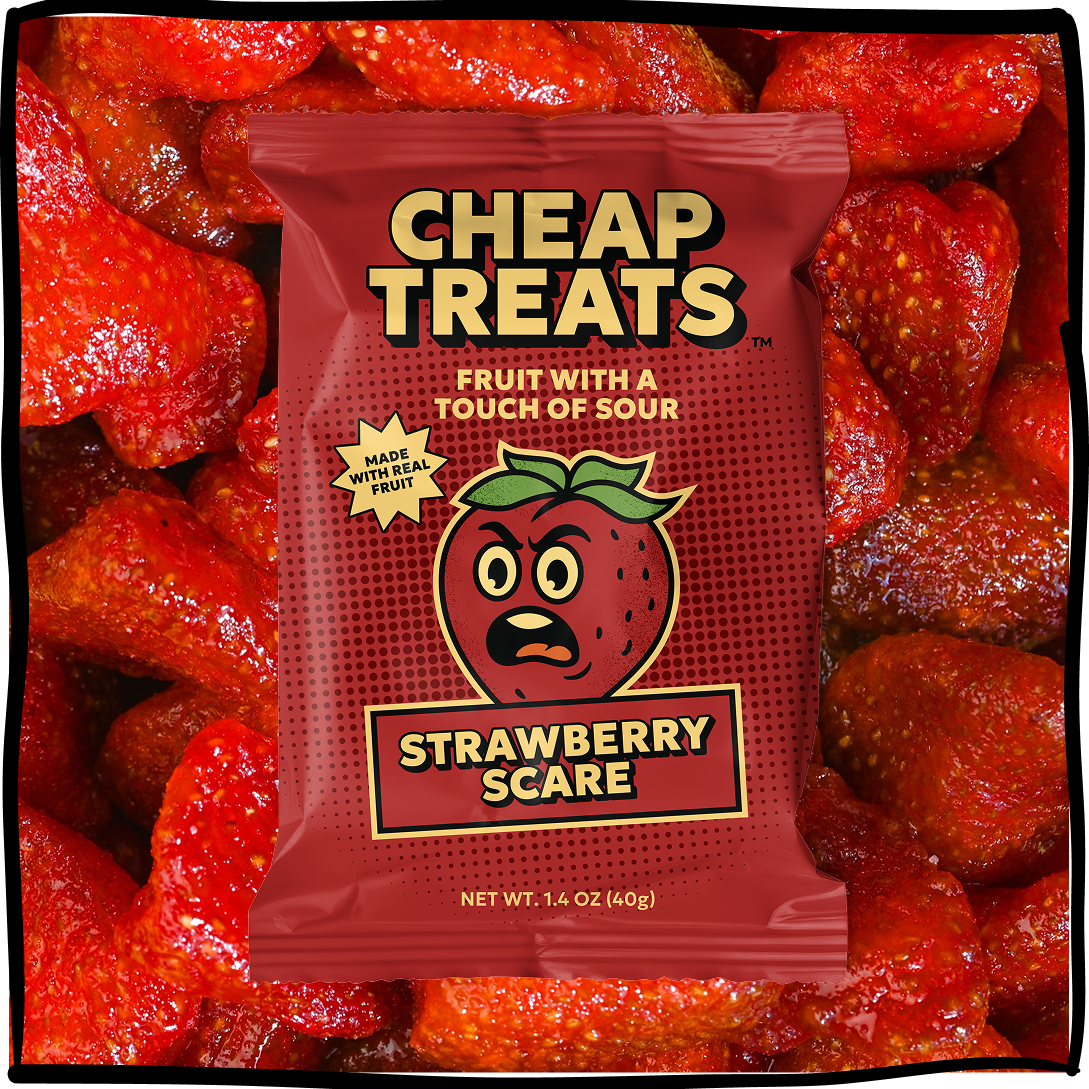 Strawberry Scare candy pouch front with strawberry scare mascot and sour fruit text
