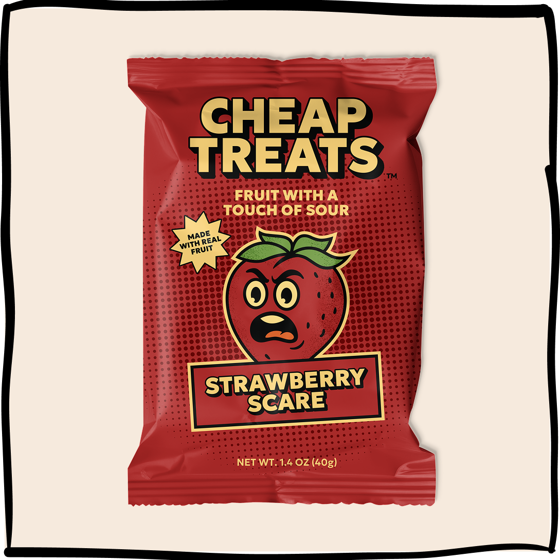 Strawberry Scare candy pouch, red with strawberry logo and sour fruit label