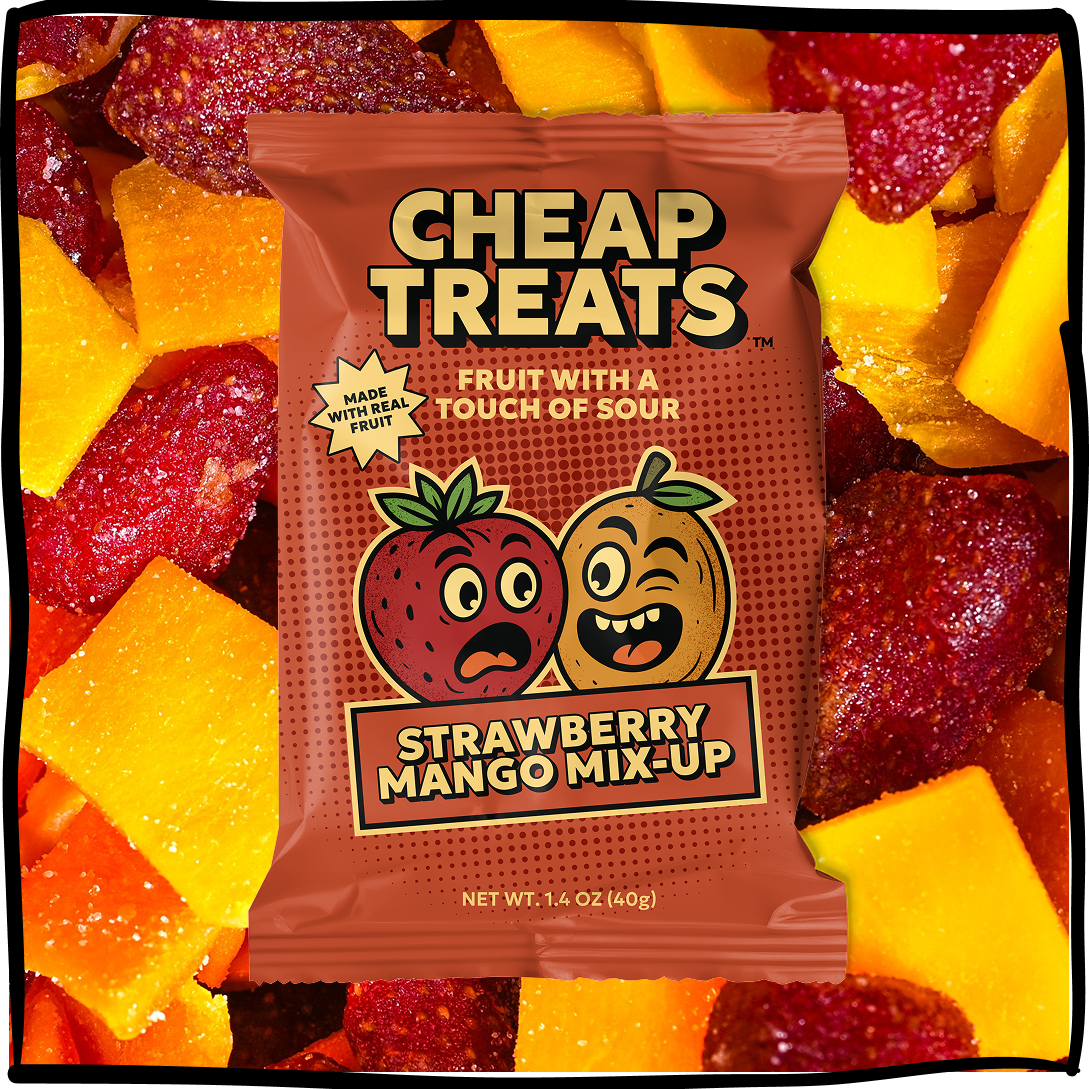 Cheap Treats fruit snack pouch centered among strawberry mango gummies