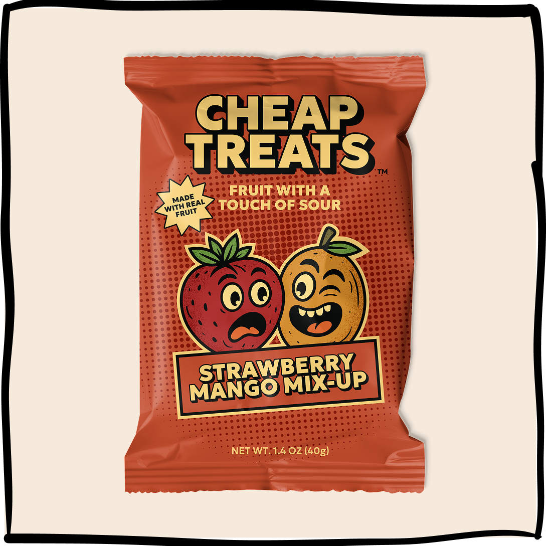 Cheap Treats sour fruit snack pouch with strawberry and mango flavor, front