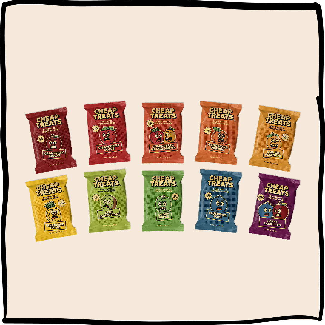 Variety pack of 10 small snack treat bags with colorful labels and cartoon icons
